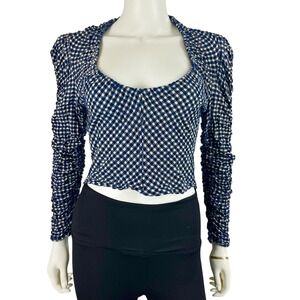 ZARA‎ Top Womens Medium Gingham Check Long Sleeve Ruched Open Back Blue Blouse